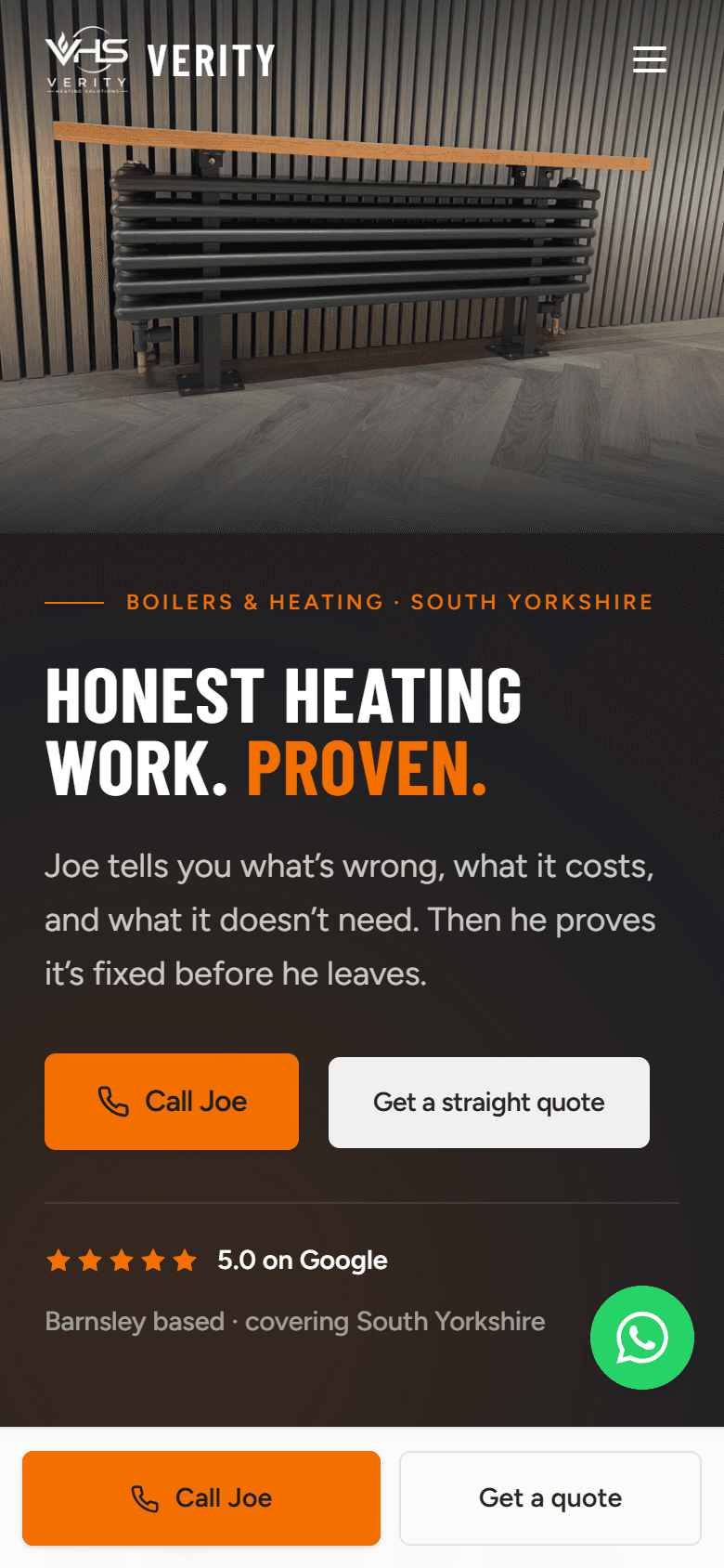 Verity Heating Solutions, mobile view