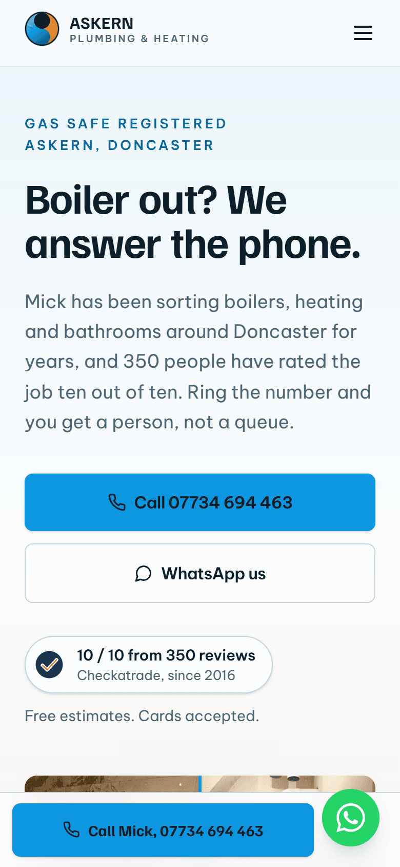 Askern Plumbing & Heating, mobile view