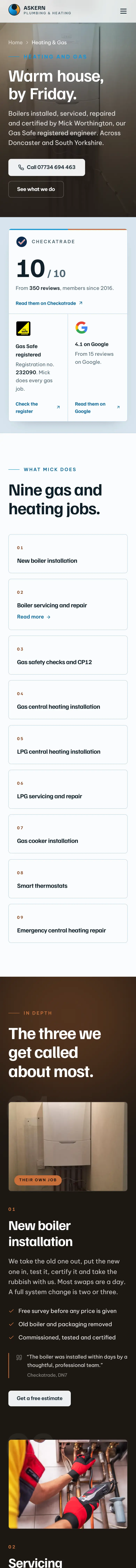 Askern Plumbing & Heating website on a phone, heating & gas page