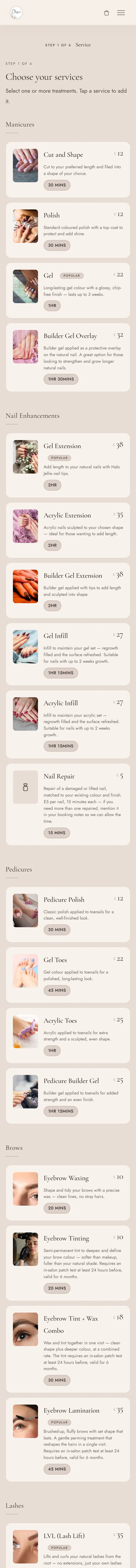 Classica Beauty website on a phone, booking page
