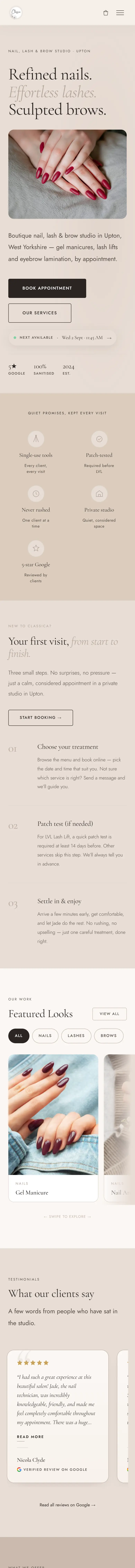 Classica Beauty website on a phone, home page