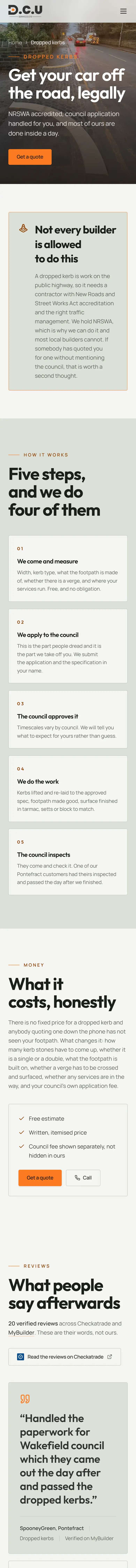 D.C.U Services website on a phone, dropped kerbs page