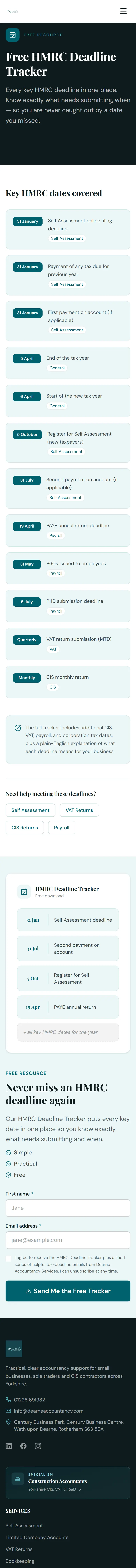 Dearne Accountancy website on a phone, deadline tracker page