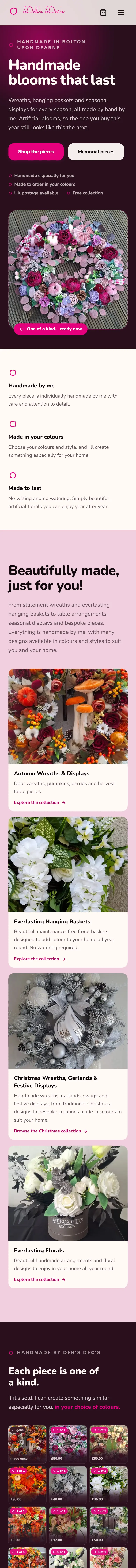 Deb's Dec's website on a phone, home page