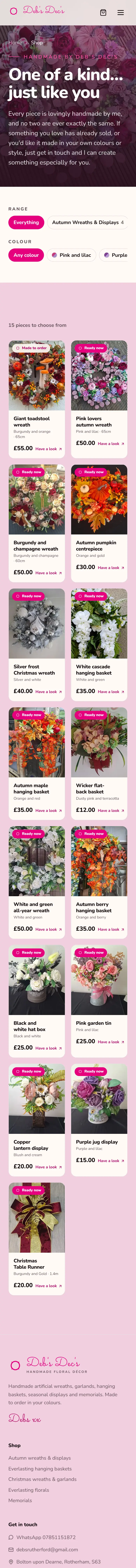 Deb's Dec's website on a phone, shop page