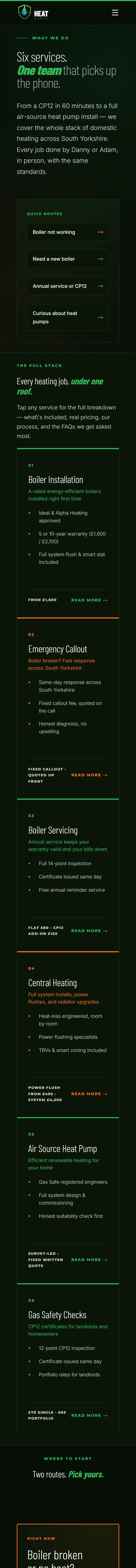 Eco Heat Surge website on a phone, services page