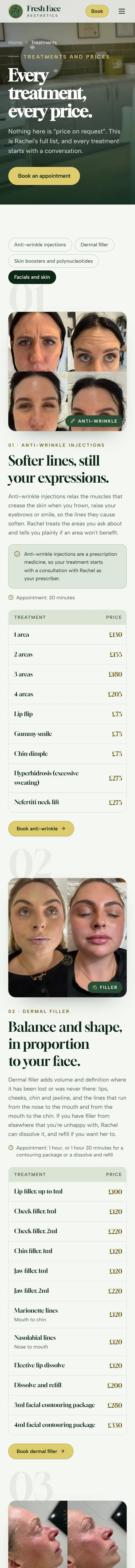 Fresh Face Aesthetics website on a phone, treatments page