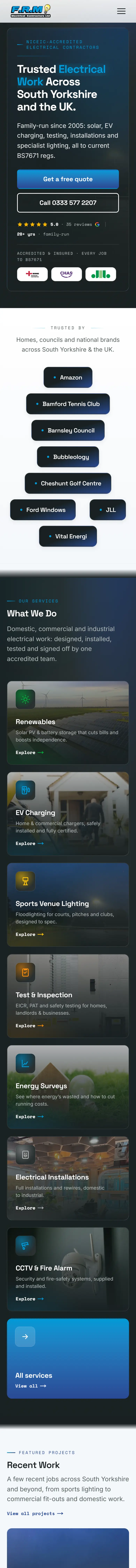 FRM Electrical website on a phone, home page