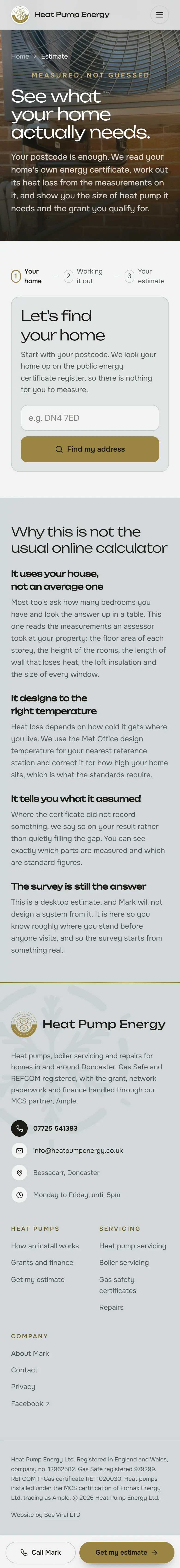 Heat Pump Energy website on a phone, estimate page
