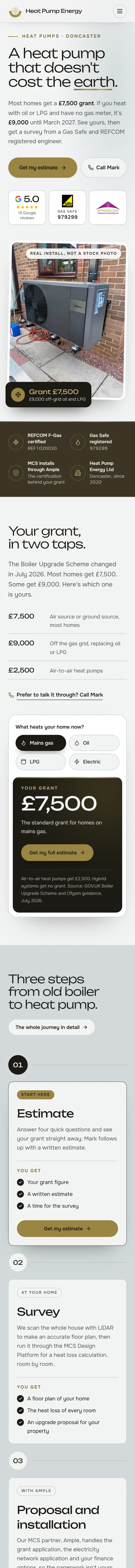 Heat Pump Energy website on a phone, home page
