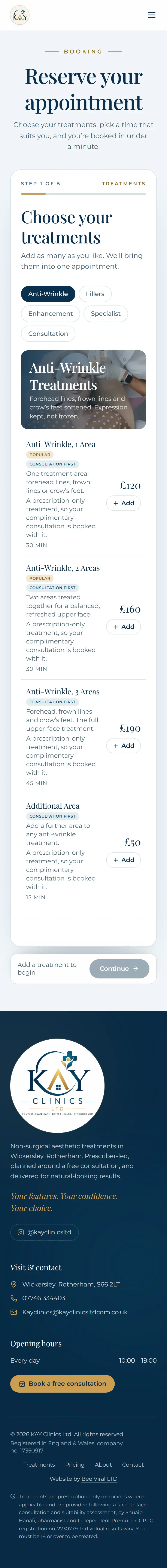 KAY Clinics website on a phone, booking page