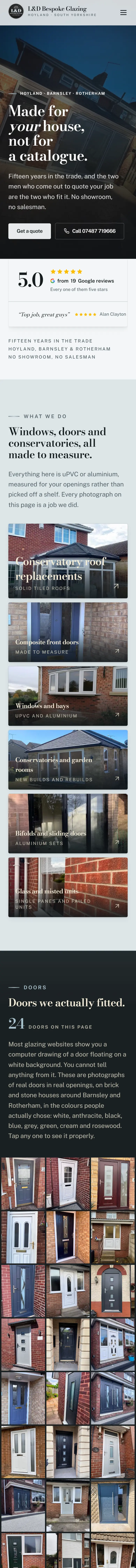 L&D Bespoke Glazing website on a phone, home page