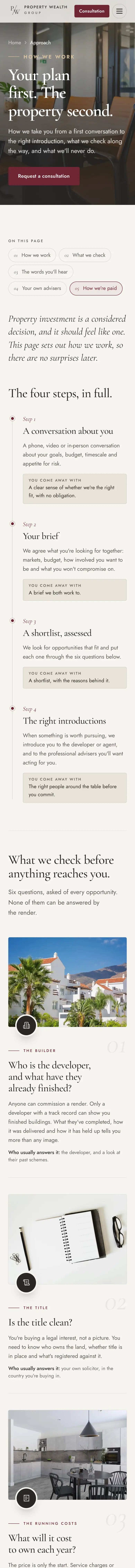 Property Wealth Group website on a phone, approach page