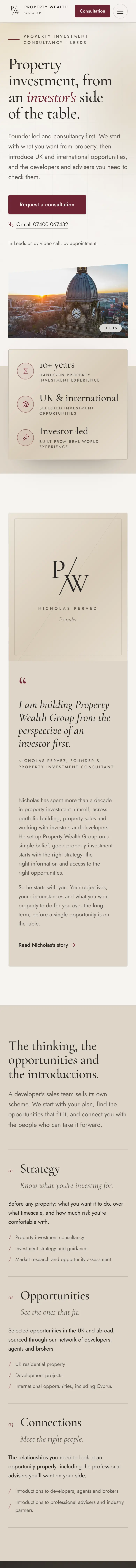 Property Wealth Group website on a phone, home page