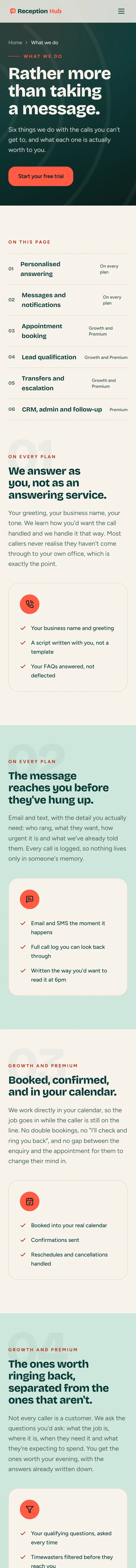 Reception Hub website on a phone, what we do page