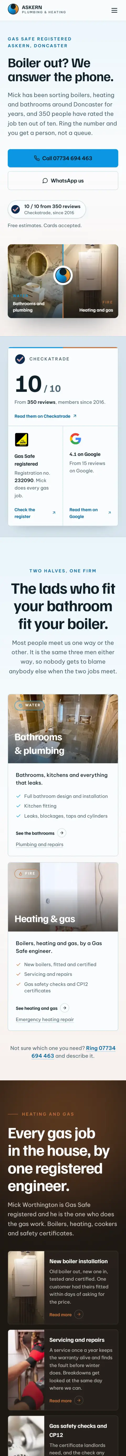 Askern Plumbing & Heating website on a phone
