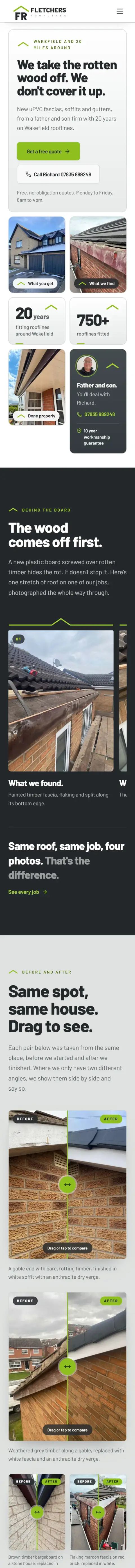 Fletchers Rooflines website on a phone