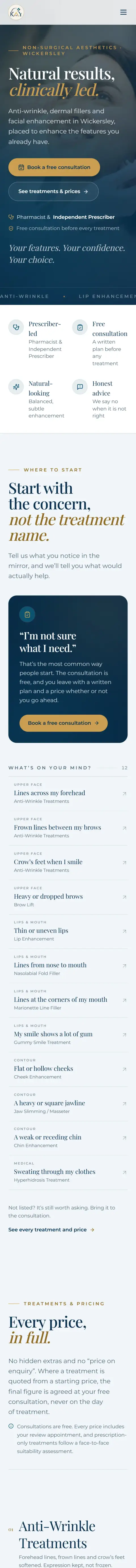 KAY Clinics website on a phone