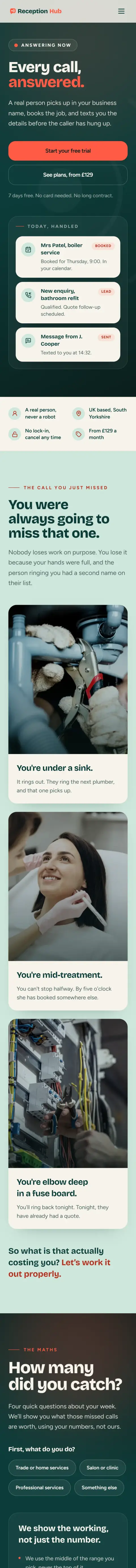Reception Hub website on a phone