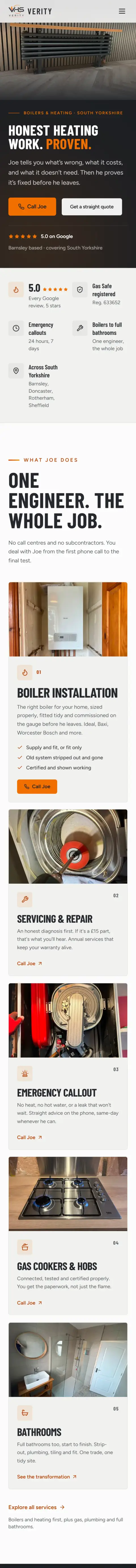 Verity Heating Solutions website on a phone