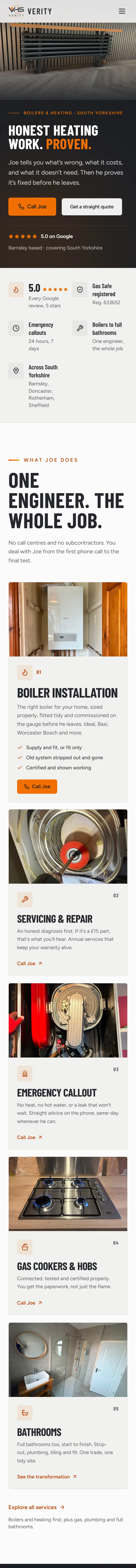 Verity Heating Solutions website on a phone, home page