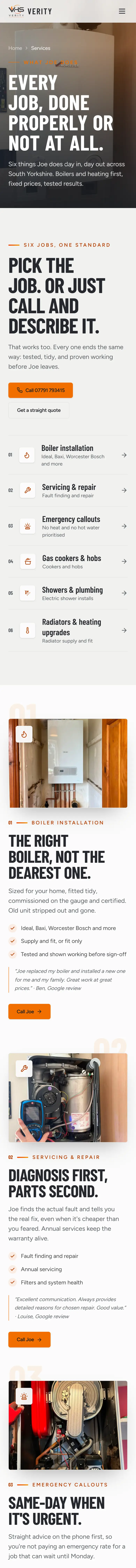 Verity Heating Solutions website on a phone, services page